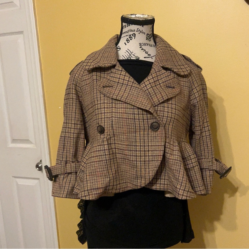 Arden B vintage cropped, double-breasted, brown plaid wool jacket size M